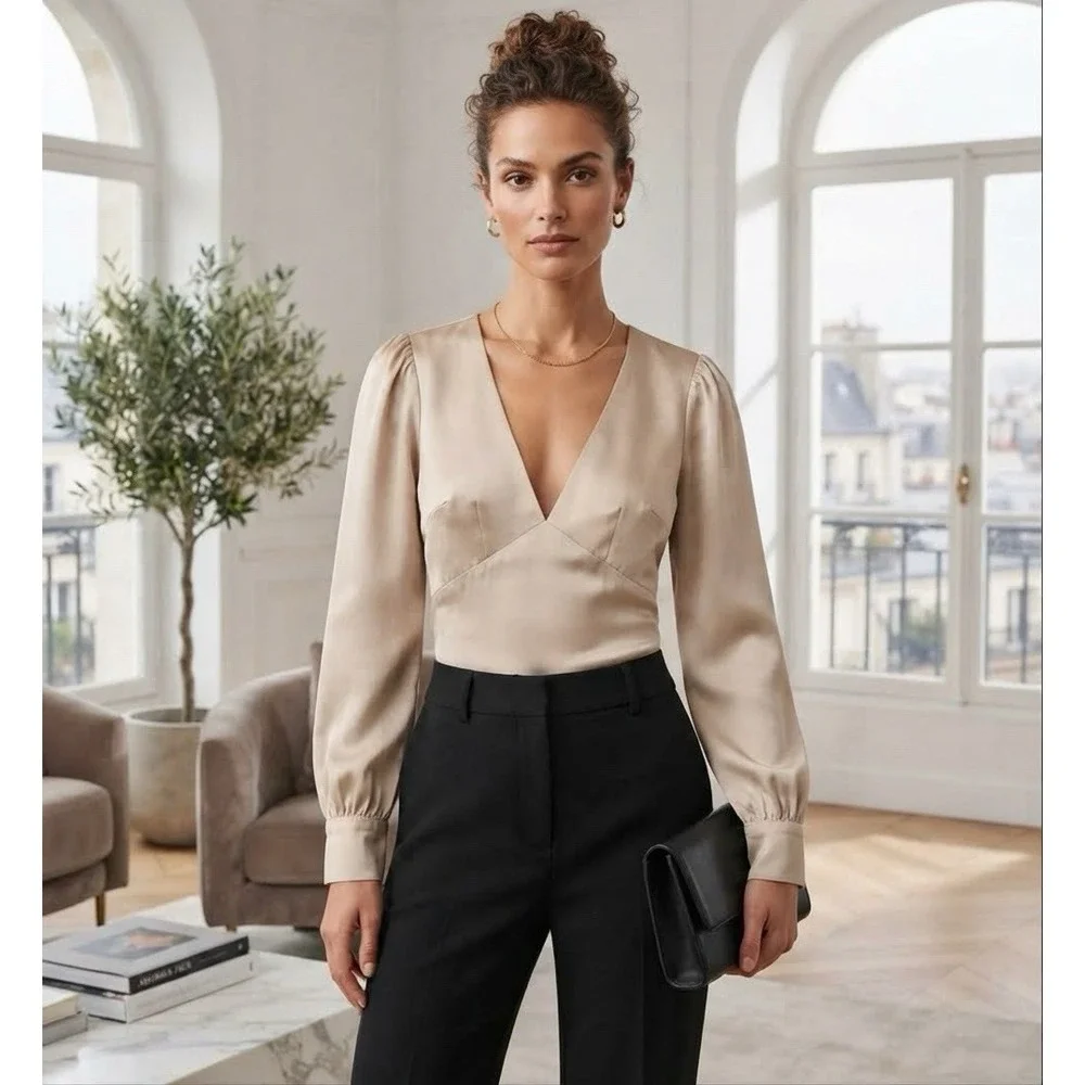 Abercrombie & Fitch Women's Size XS Beige Satin Long Puff Sleeve V-Neck Crop Top